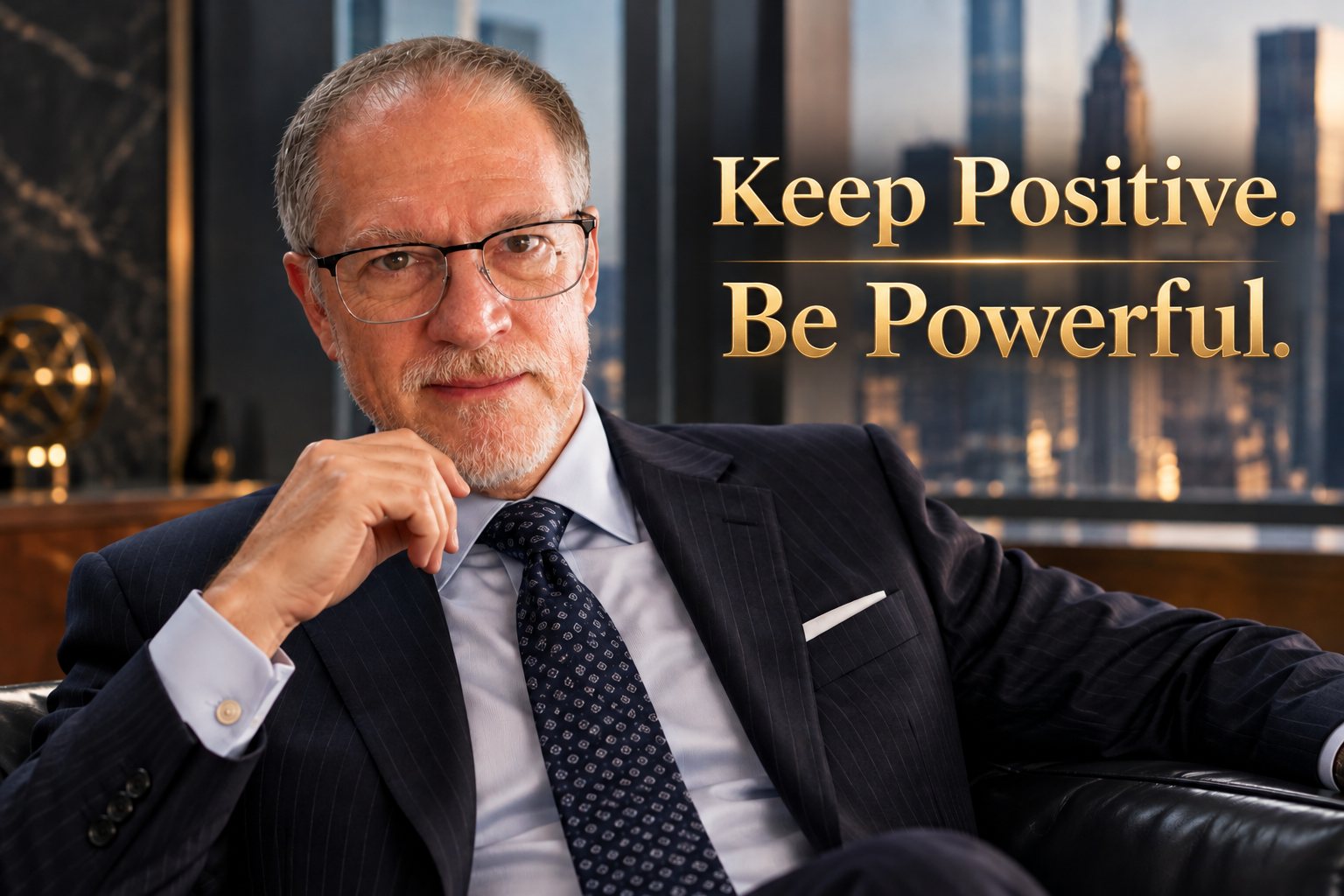 Luigi Malatesta seated in a corner office, hand to chin, with a city skyline behind him and the words Keep Positive. Be Powerful.